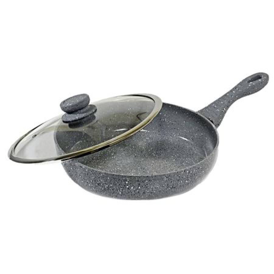 Tigaie Din Aluminiu Forjat, Diametru De 20 Cm, Marmorata Cu Capac Din Sticla Termorezistenta, Maner Ergonomic Termoizolat, Culoare Gri