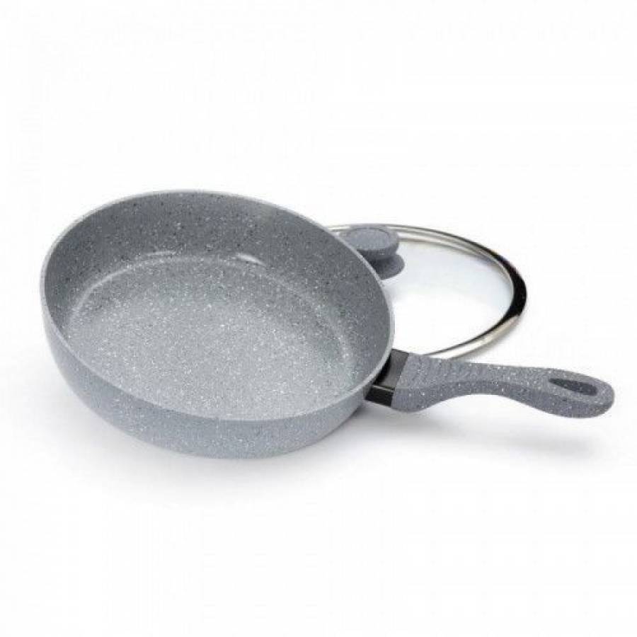 Tigaie Din Aluminiu Forjat, Diametru De 20 Cm, Marmorata Cu Capac Din Sticla Termorezistenta, Maner Ergonomic Termoizolat, Culoare Gri