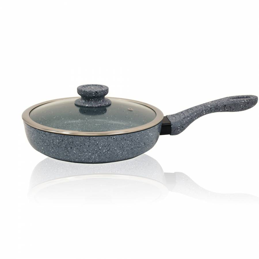 Tigaie Din Aluminiu Forjat, Diametru De 20 Cm, Marmorata Cu Capac Din Sticla Termorezistenta, Maner Ergonomic Termoizolat, Culoare Gri