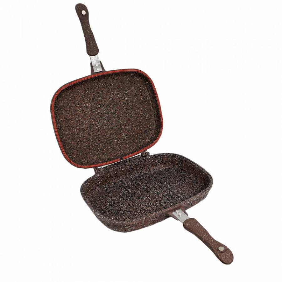 Tigaie Dubla, Antiaderenta, 32 Cm, Manere Ergonomice, Manere Cu Magnet, Rezistenta La Temperaturi Ridicate, Curatare Usoara, Design Ergonomic Maro