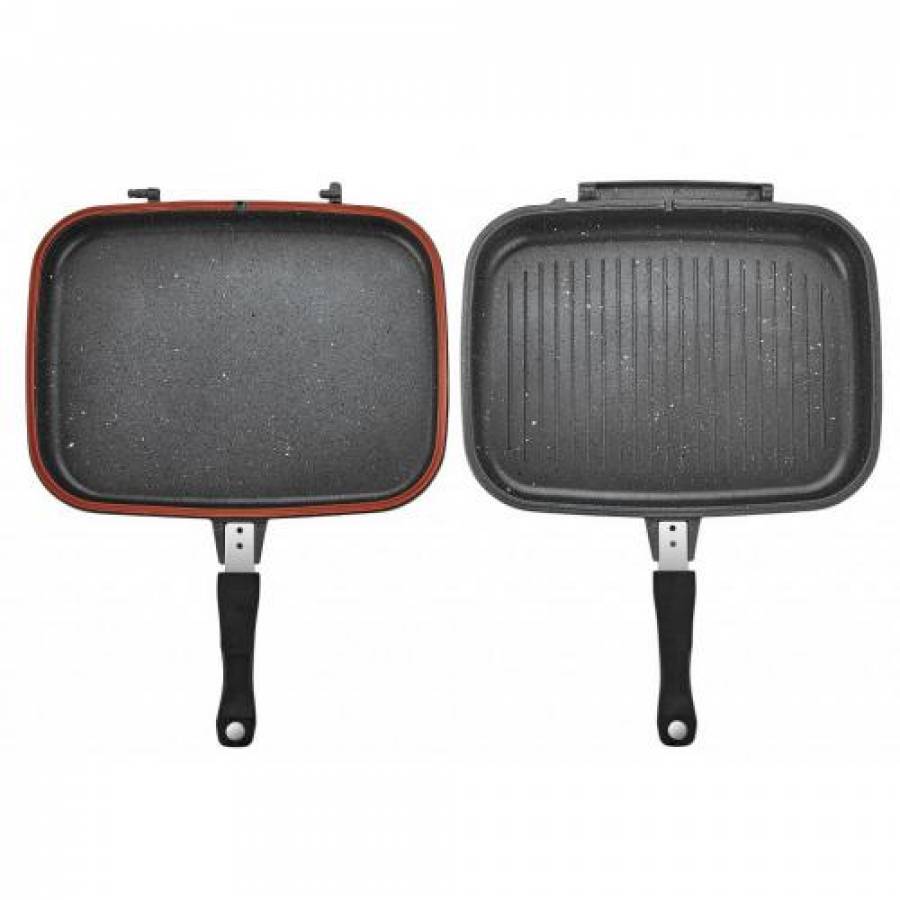 Tigaie Grill Profesionala, Tip Dubla Din Aluminiu, 24 X 36 Cm, Manere Magnetice , Tehnologie Antilipire, Rezistenta La Temperaturi Mari, Design Modern, Negru