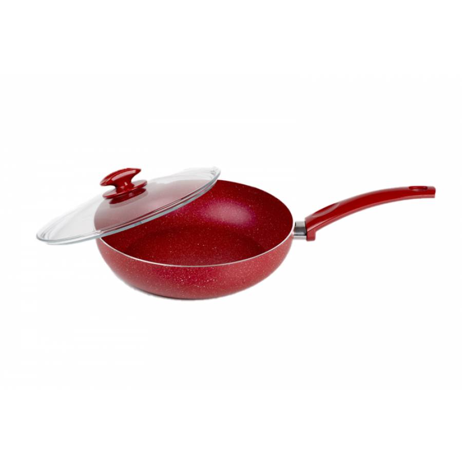 Tigaie Profesionala Din Aluminiu Cu Capac Din Sticla, Interior Ceramic Non-stick, Diametru 28 Cm, Grosime Pereti 2.10 Mm, Design Inovator, Rosu