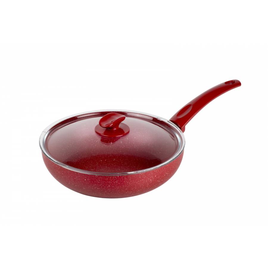 Tigaie Profesionala Din Aluminiu Cu Capac Din Sticla, Interior Ceramic Non-stick, Diametru 28 Cm, Grosime Pereti 2.10 Mm, Design Inovator, Rosu