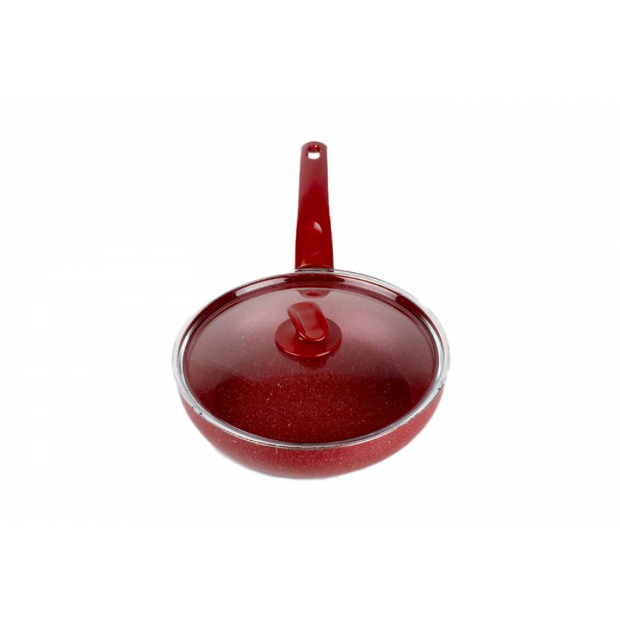Tigaie Profesionala Din Aluminiu Cu Capac Din Sticla, Interior Ceramic Non-stick, Diametru 28 Cm, Grosime Pereti 2.10 Mm, Design Inovator, Rosu