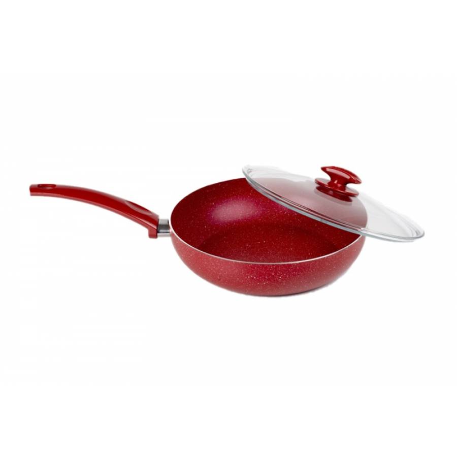 Tigaie Profesionala Din Aluminiu Cu Capac Din Sticla, Interior Ceramic Non-stick, Diametru 28 Cm, Grosime Pereti 2.10 Mm, Design Inovator, Rosu