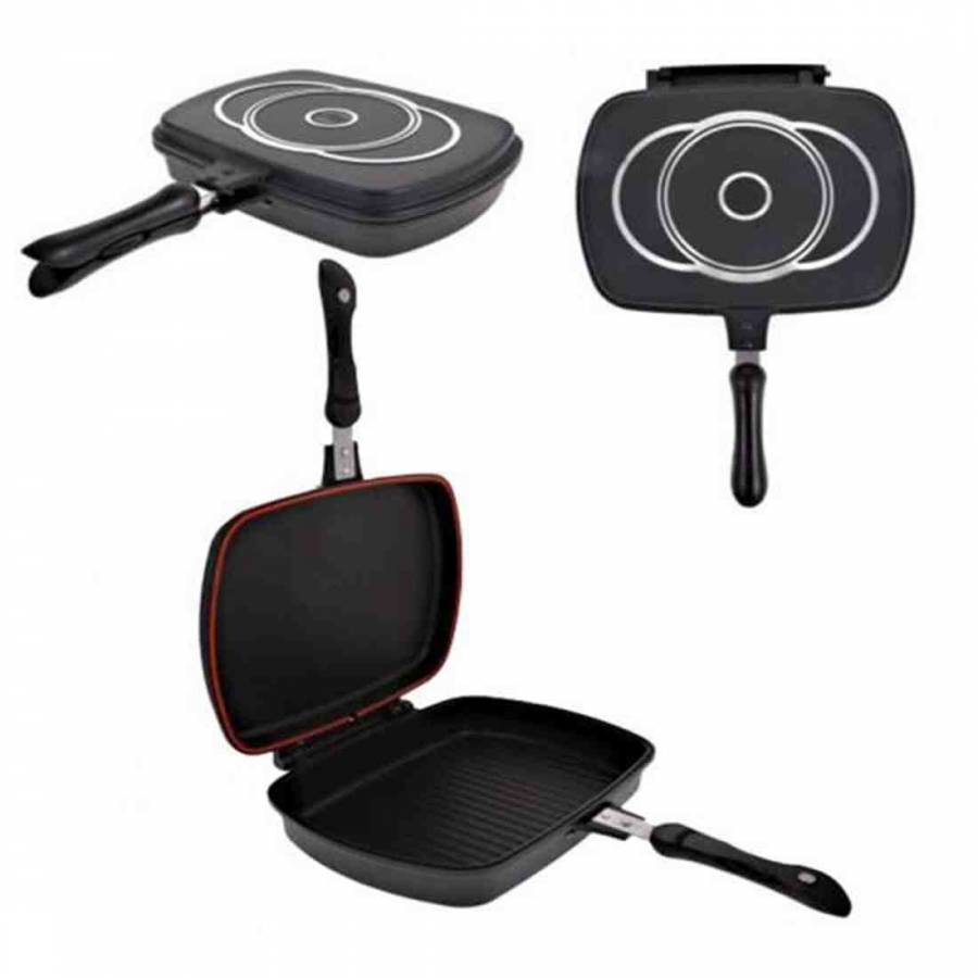 Tigaie Profesionala Dubla Klausstech De 32 Cm, Manere Magnetice Termorezistente, Aluminiu Cu Invelis Teflonat, Tehnologie Strat Antiaderent, Design Ergonomic, Negru