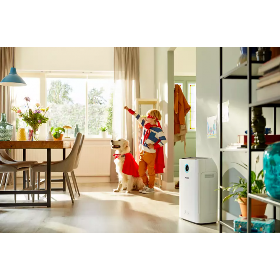 Umidificator Philips, Acopera 60 M2/645 Ft2, Purificare, Afisaj Umiditate Aer, Mod Nocturn, Mod Automat, Silentios, 4 Setari De Turatie, Cronometru, Motor Cc, Alb