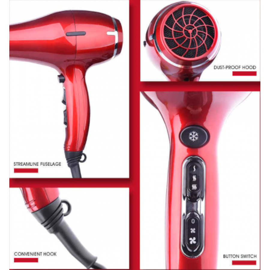 Uscator De Par Profesional, 2300w, 3 Trepte  Temperatura, 2 Viteze, Concentrator Difuzor, 220-240v, Rosu