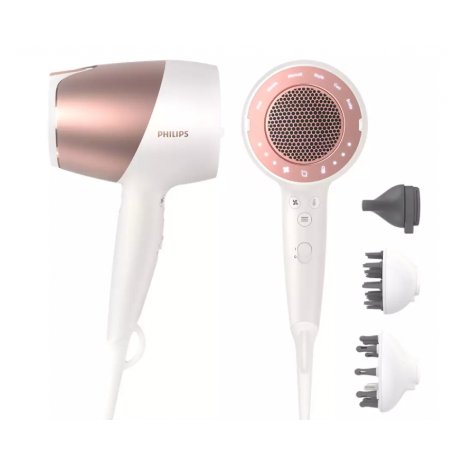 Uscator De Par Profesional Philips Cu Tehnologie Senselq, 3 Accesorii , Putere 1800 W, Tensiune 240 V, Duza 7 Mm, Cablu De 2 M, Functie Ionizare, Alb/Roz