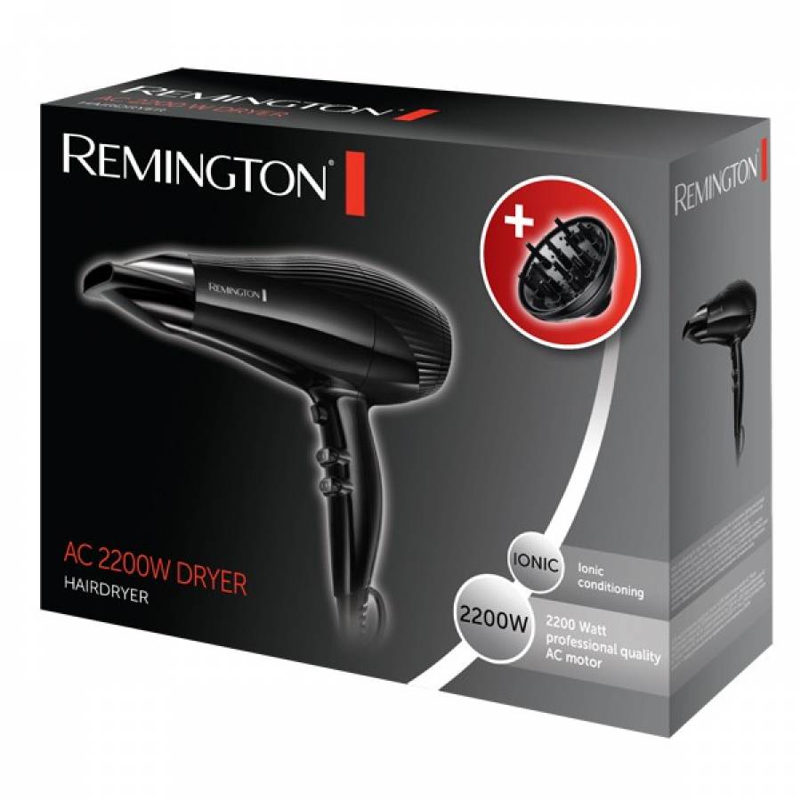 Uscator De Par Profesional Remington Cu Motor Ac Cu Putere 2400 W,functie Generator De Ioni,functie Anti-static, 3 Nivele De Temperatura Si 2 Nivele De Viteza,concentrator Subtire 7mm, Cablu De 3 M, Negru