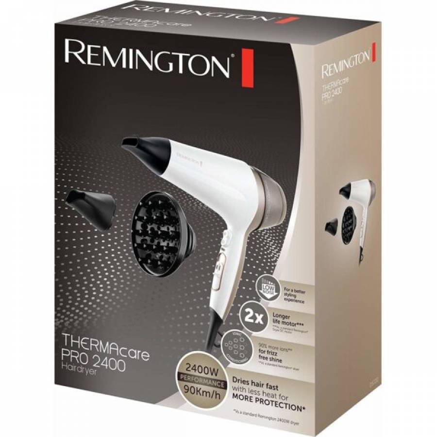 Uscator De Par Remington Thermacare Pro,jet De Aer De 90 Km/h , Indicator Led, Zgomot Redus, Concentrator Ingust,difuzor , Turbo Boost , Alb/argintiu