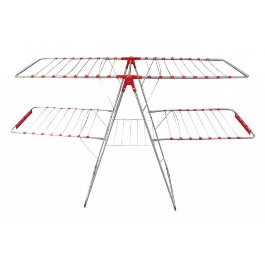 Uscator De Rufe Extensibil Dublu Klausstech, Vopsit Electrostatic, Greutate Suportata 20 Kg, Suport Pentru Carlige, Picioare Antialunecare, Inaltime 123 Cm, Dimensiuni 60 X 130 Cm, Design Modern, Argintiu