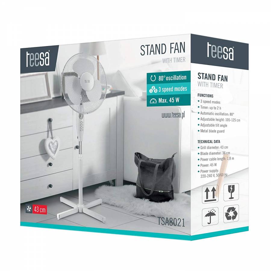 Ventilator Tessa Pentru Racirea Aerului , Cu Picior Si Timer , Alimentare 220 ~ 240 V; 50/60 Hz , 3 Moduri De Viteza , Reglarea Unghiului De Inclinare