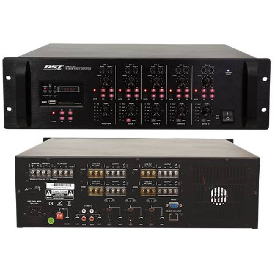 Mixer cu amplificare 4x120W, 5 canale, intrari si iesiri multiple.