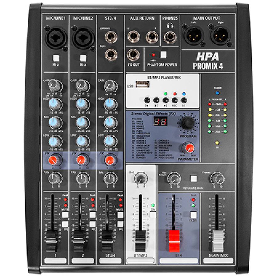 Mixer digital cu 4 canale, phantom power, Bluetooth/USB/SD.