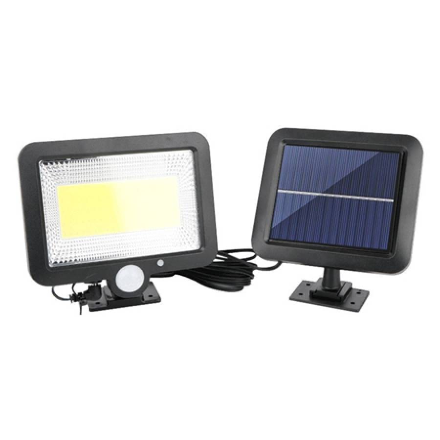 Lampa solara cu reflector LED puternic pentru iluminat exterior.