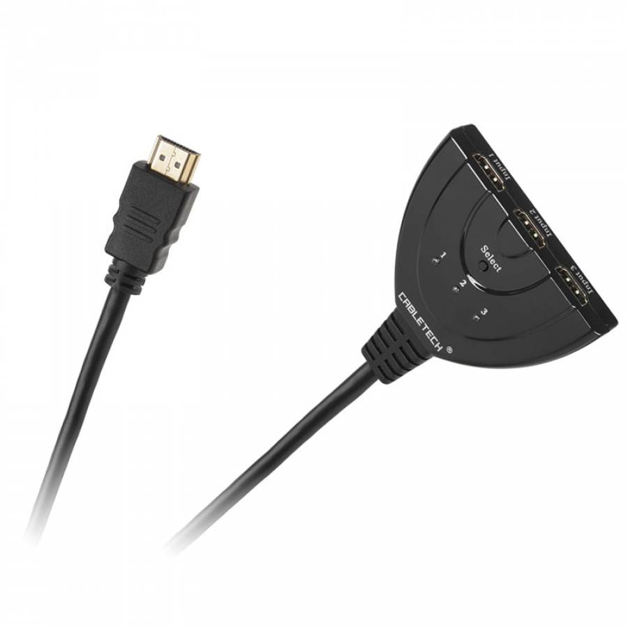 Splitter HDMI 3 intrări 1 ieșire pentru conectarea mai multor surse HDMI.