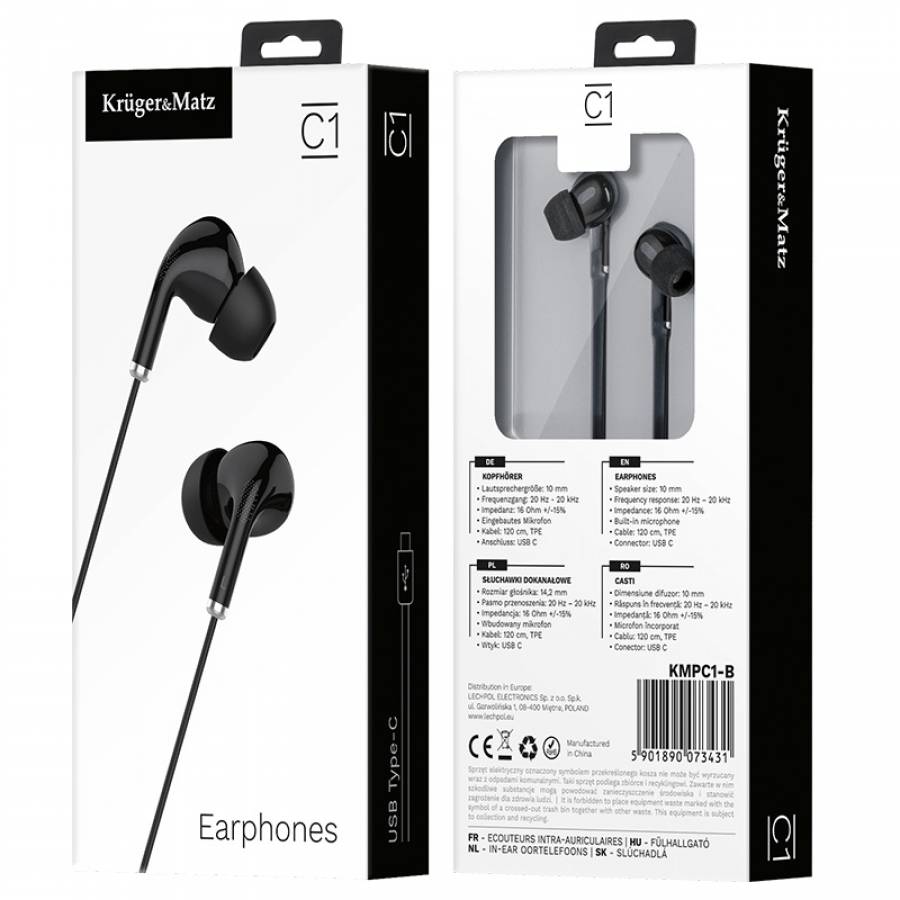 Casti In-ear Microfon Kruger&matz, specificatii: 10mm, 20Hz-20kHz, 16 Ohm