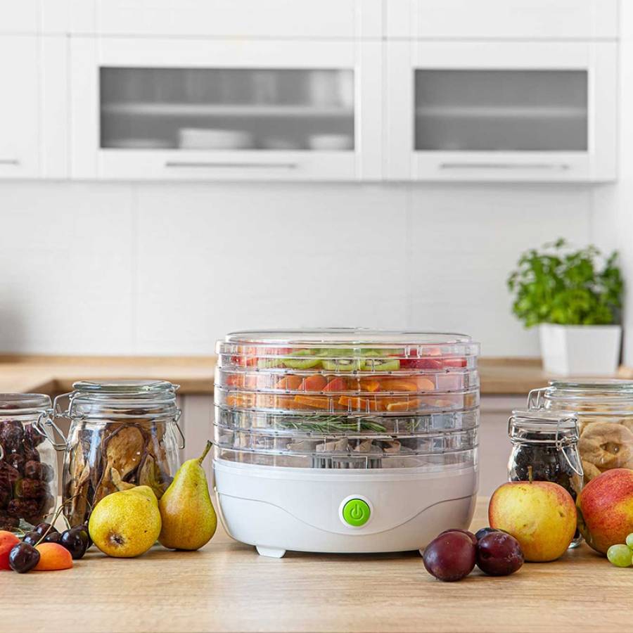 Deshidrator alimente Fructe&Legume, 5 tavi transparente, putere 250W, Alb.