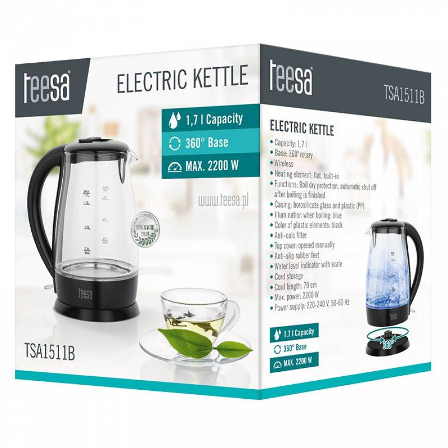 Fierbator Electric Cordless 1.7l Teesa - Elegant si practic, cu filtru anti-calcar.