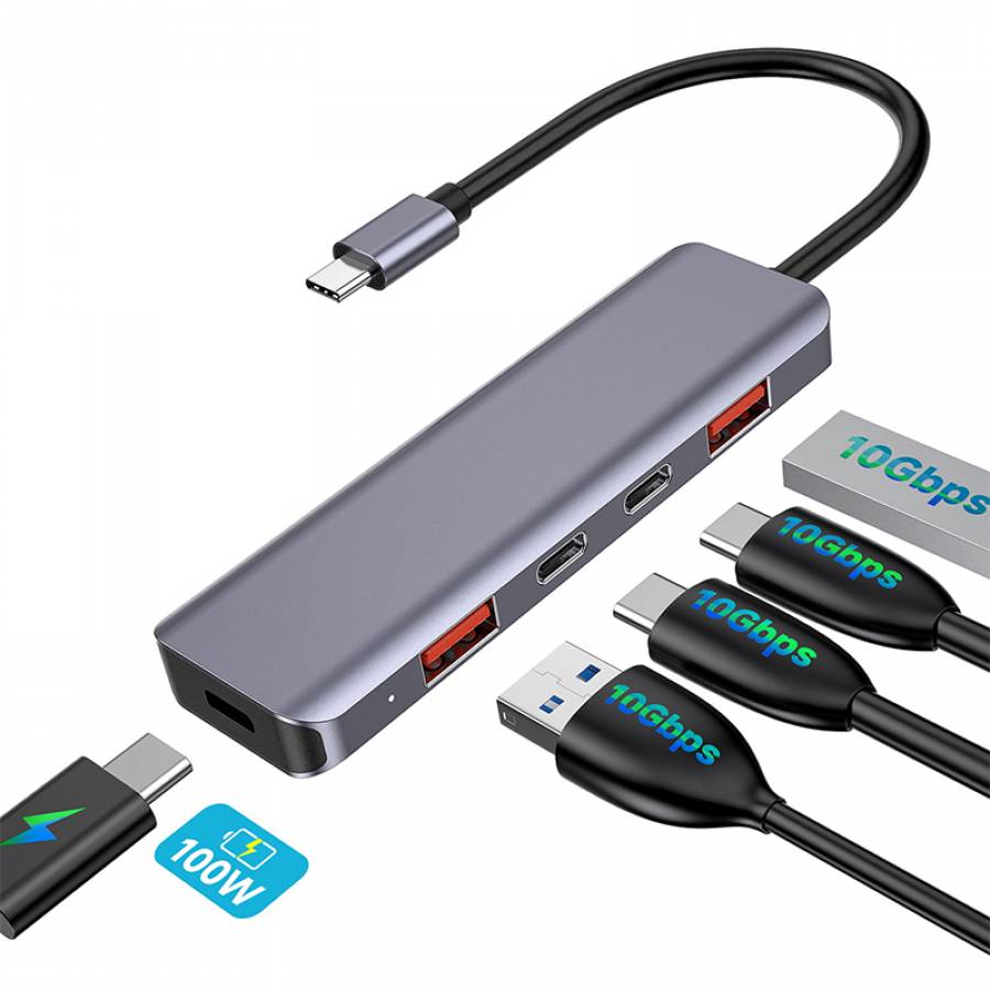 Hub multifunctional 5 in 1 cu USB-C PD 100W din aluminiu.