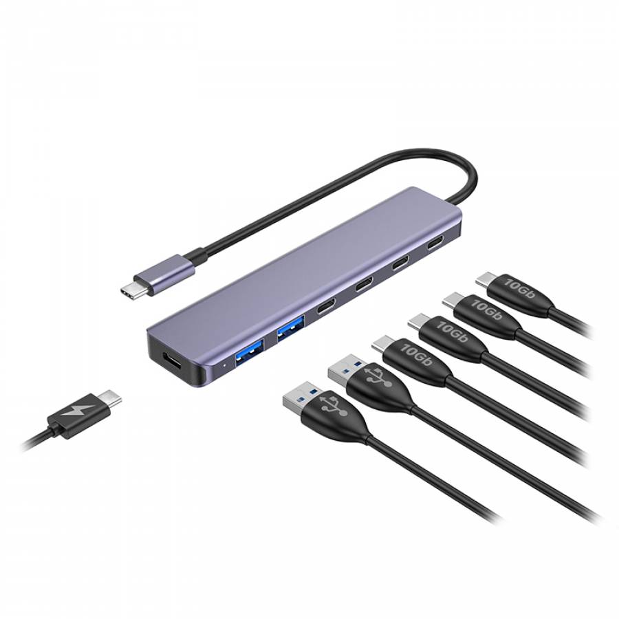 Hub multifunctional cu 7 porturi, viteza 10Gbps, alimentare PD 100W, material aluminiu.