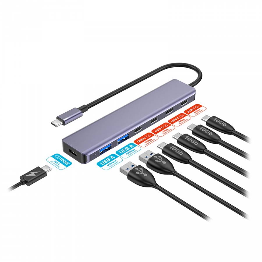 Hub multifunctional cu 7 porturi, viteza 10Gbps, alimentare PD 100W, material aluminiu.