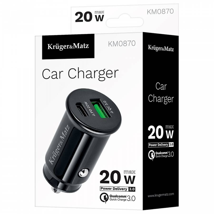 Dual Port Auto Charger USB Tip-C 20W Qualcomm Rapid Charge