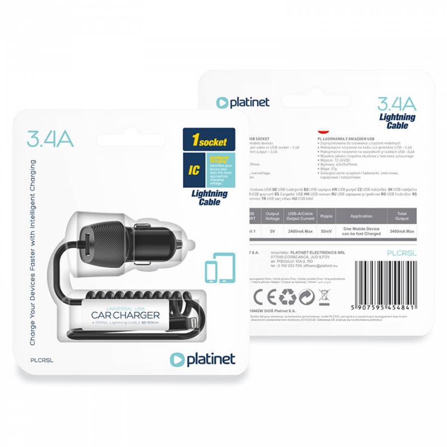 Incarcator Auto Cablu Spiralat 3.4a Lightning