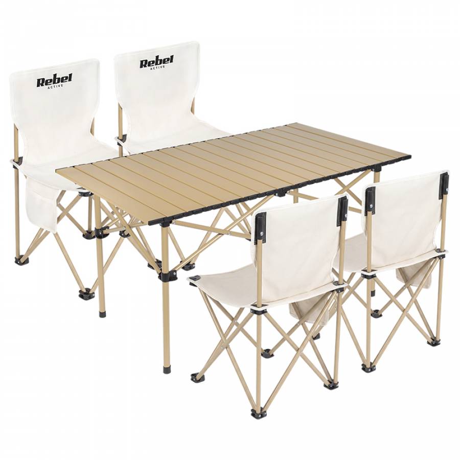 Set de camping pliabil pentru masa și 4 scaune metalice.