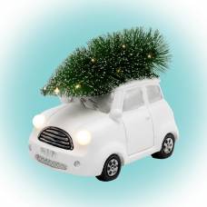 Figurina Ceramica, Masinuta Alba Cu Brad