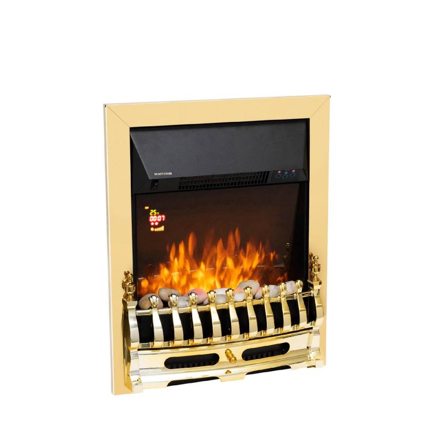 Home Fkki25g semineu Electric Decorativ incastrabil, Max. 2000 W, Efect De Lumina Led, 2 Trepte De Putere, Telecomanda, Programare Saptamanala, Finisaj Auriu