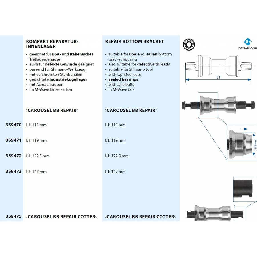Monobloc Pedalier M-wave Carousel  Bb Repair Cotter  136 Mm