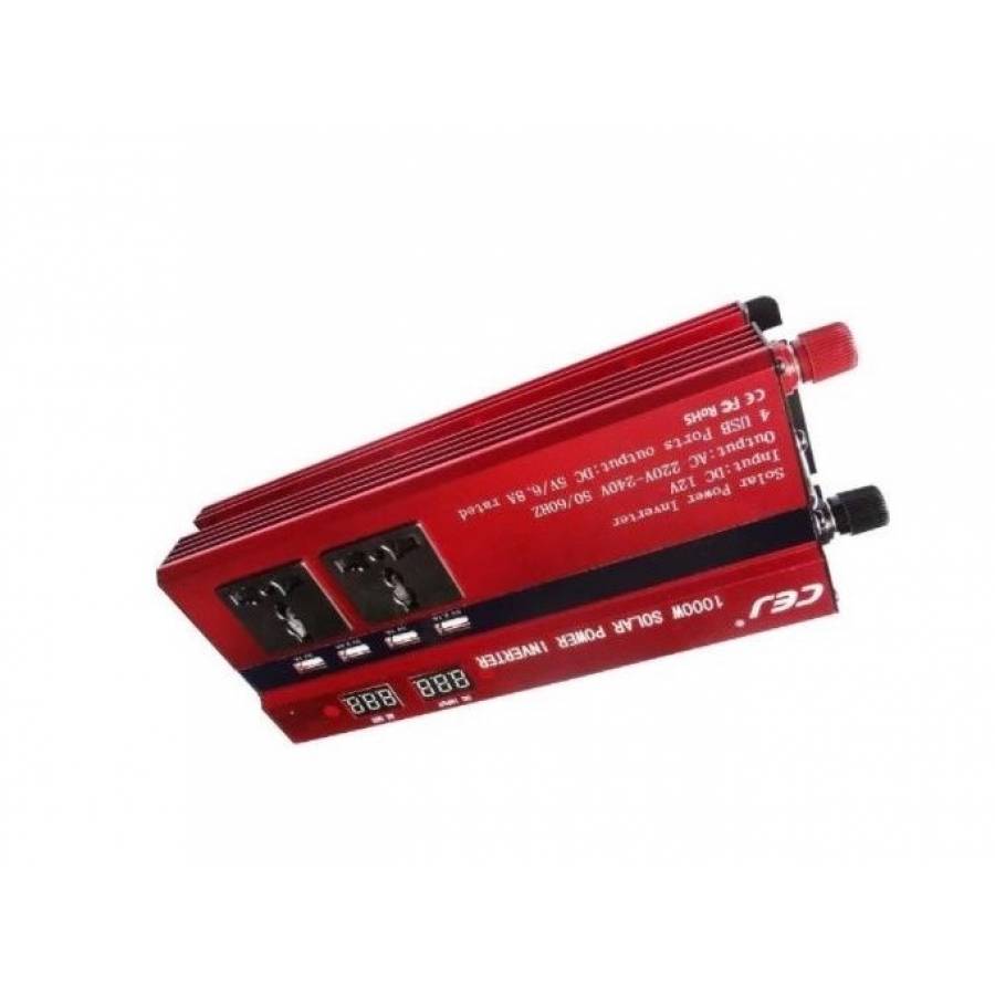 Invertor De Tensiune, Alimentare 12v - 220v , Putere De Varf 1000w , Putere Continua 665 W, Display Dublu 4 Usb Si 2 Iesiri 220v, Rosu