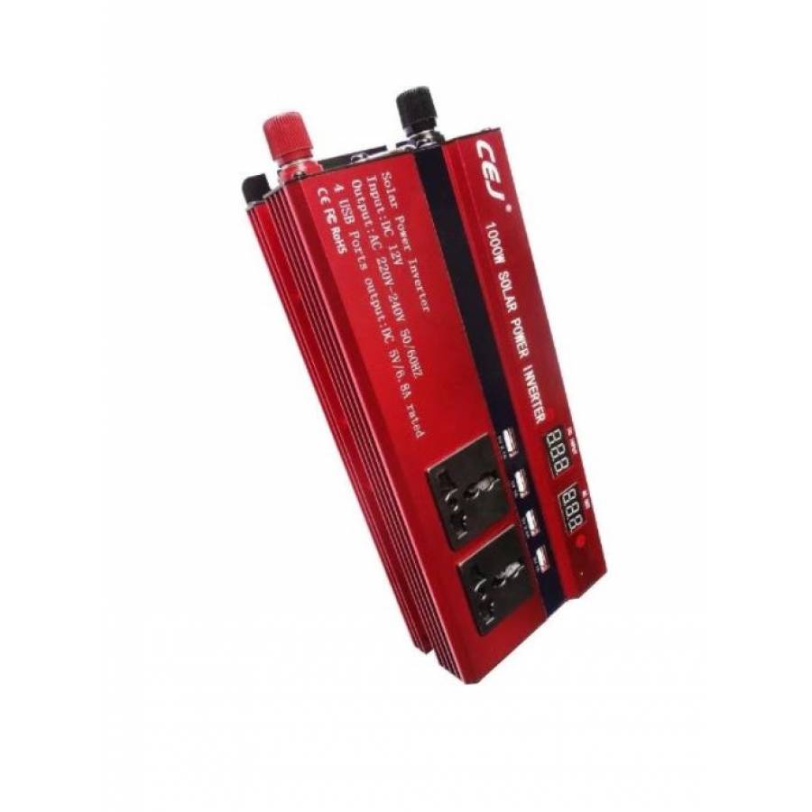 Invertor De Tensiune, Alimentare 12v - 220v , Putere De Varf 1000w , Putere Continua 665 W, Display Dublu 4 Usb Si 2 Iesiri 220v, Rosu