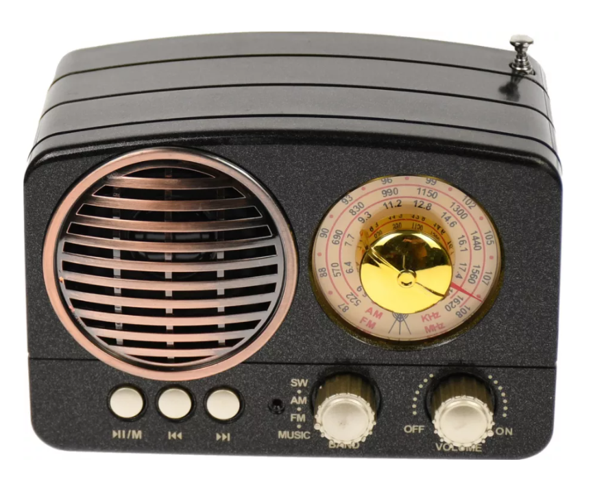 Radio portabil cu tuner fm, aux, usb, bluetooth, microsd, 2 w , control volum, 14 x 8 x 11 cm, retro, negru