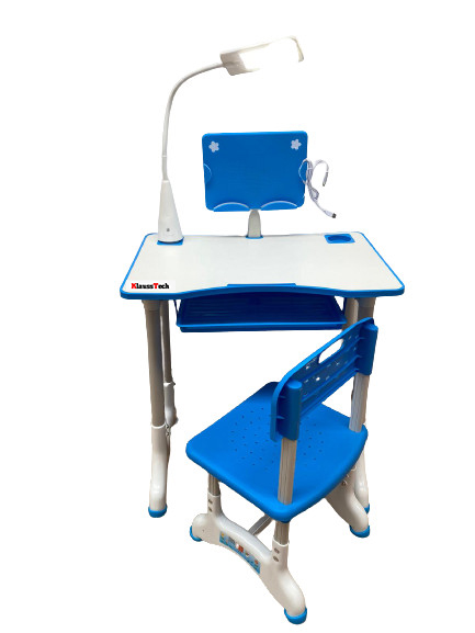 Birou cu scaun klausstech pentru copii, lampa reglabila inclusa, picioare antiderapante, design inovator si ergonomic, albastru