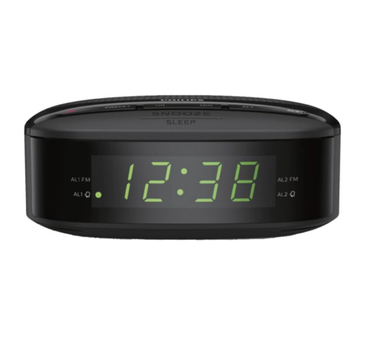 Radio philips portabil digital cu ceas, afisaj led, 2 alarme, radio fm, functie snooze, temporizator standby, modern, negru