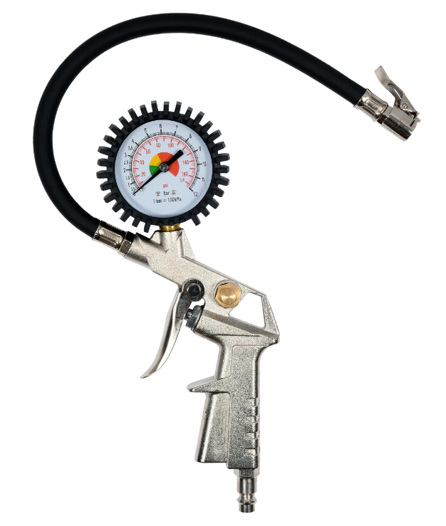 Pistol de umflat klausstech pentru compresor, furtun de 35 cm, manometru, 16 bar / 220 psi, grosime furtun 11 mm, alb