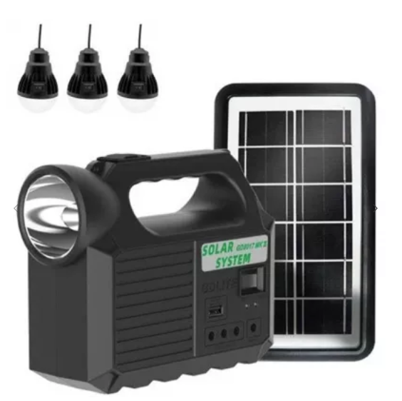 Kit solar portabil cu 3 becuri, bluetooth, fm / tf, usb, led smd, 8000 mah, operare 14 h, lanterna led, incarcare 10 h, negru