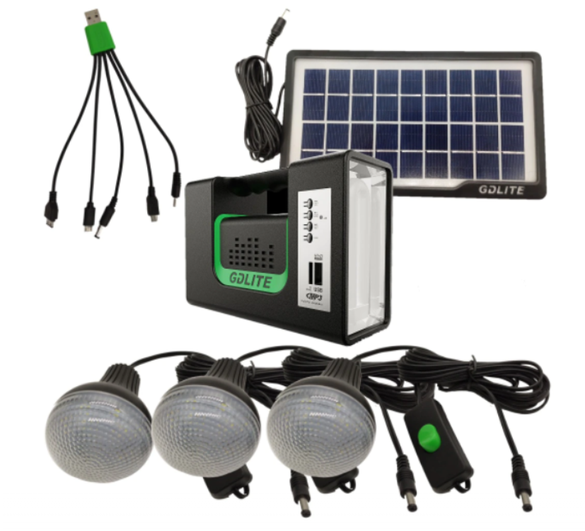 Kit pentru iluminare cu lanterna, panou solar 9w, 10 w, 3 becuri led, port usb, mp3 player, radio fm, negru