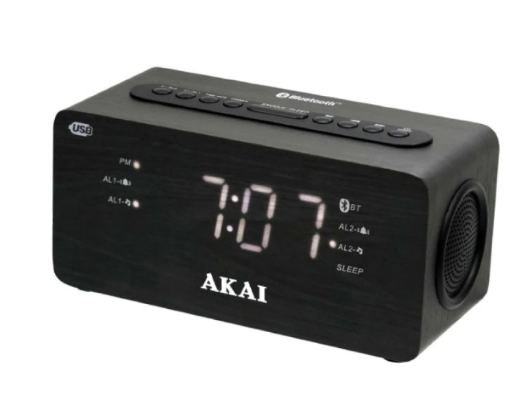 Radio bluetooth 2.1 cu ceas profesional, fm radio, dual alarm, display led 1.2″, snooze, sleep, aux, negru