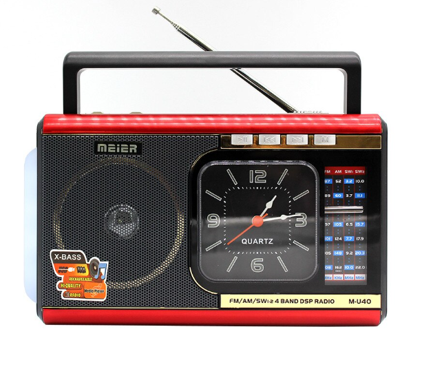 Radio portabil mp3 player cu ceas, interfata usb, card sd, acumulator integrat, frecventa am fm, aux, tf, negru/rosu