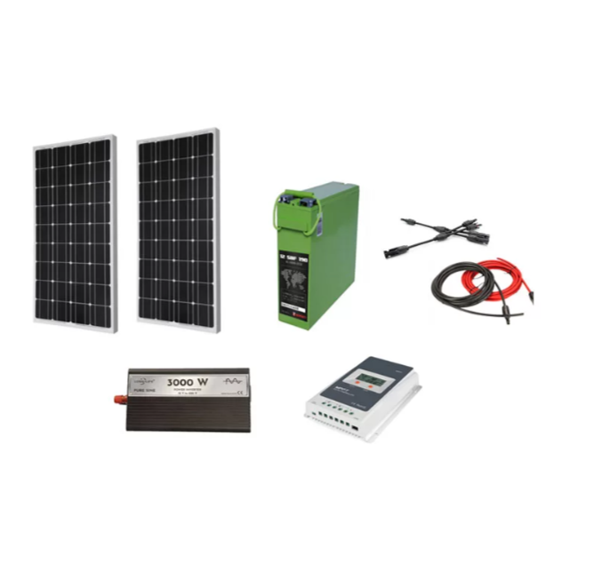 Klausstech Sistem panouri fotovoltaice cu invertor 3000w, pentru rulote/cabane, 360 w, 12/24 v, 2 x panouri 180w, cablu solar inclus