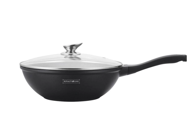 Tigaie wok cu finisaj marmura, diametru 30 cm, maner termorezistent, gaz / inductie / electric / halogen, negru