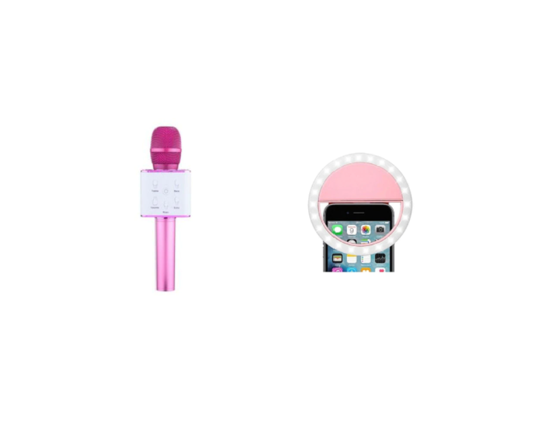 Microfon karaoke wireless cu bluetooth, boxa inclusa , roz aprins + selfie ring light roz