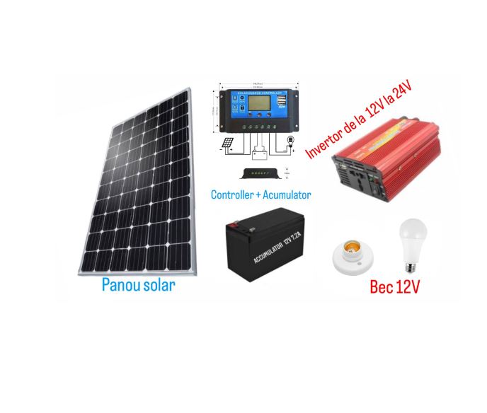 Kit solar cu panou fotovoltaic klausstech 100w, invertor 220v, controller 20a, acumulator 12v-7ah