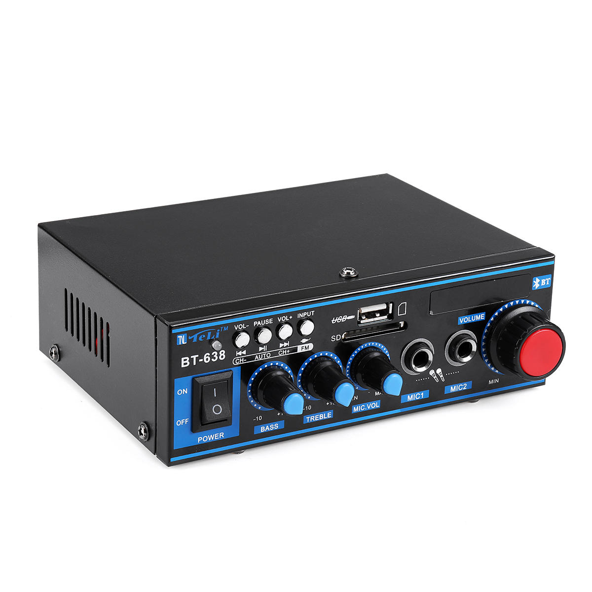 Hifi Amplificator cu bluetooth , usb , sd card , 2 intrari microfon , corector de ton si volum , radio fm , telecomanda