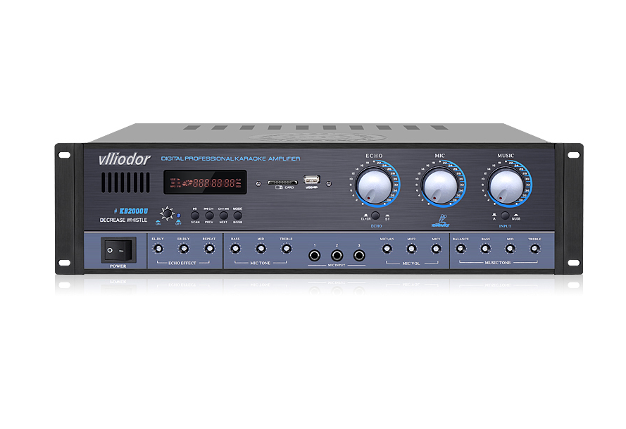 Amplificator hifi bluetooth cu afisaj digital, control echo/mic/music, intrare usb si card sd, on/off, ac input 220-240 50/60 hz, 2 x 220 w, compact, negru