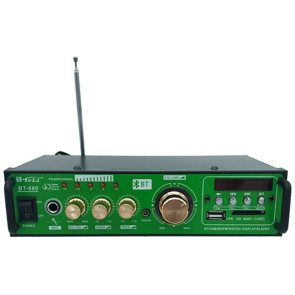 Amplificator Stereo Profesional Audio Cu 2 Canale,bluetooth, Intrare Usb Si Suport Card Sd, Ecran Lcd, Impedanta 4-16 Ohmi, 20hz-20khz A, Negru/verde